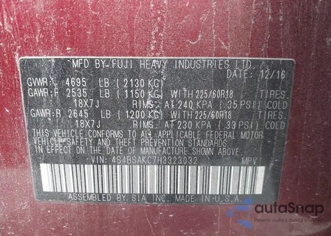 2017 Subaru Outback 2.5I Limited from USA, damaged, VIN 4S4BSAKC7H3323032